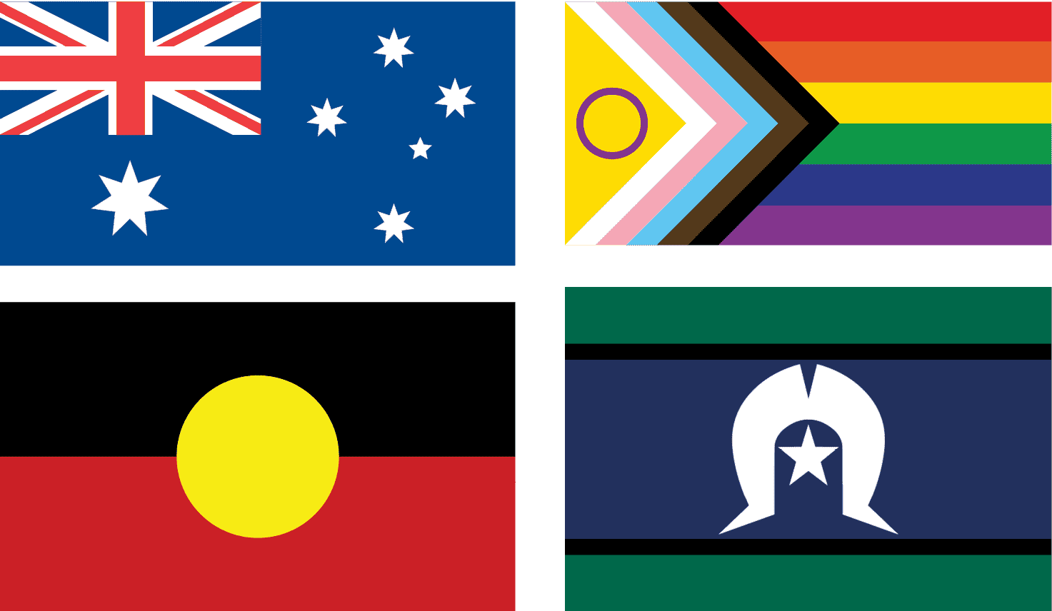 Aboriginal, Torres Strait Islander, Australian and inclusion flags
