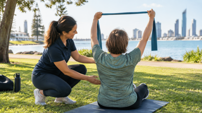 An allied health professional supports a participant using a resistance band during an outdoor exercise session on the Gold Coast.
