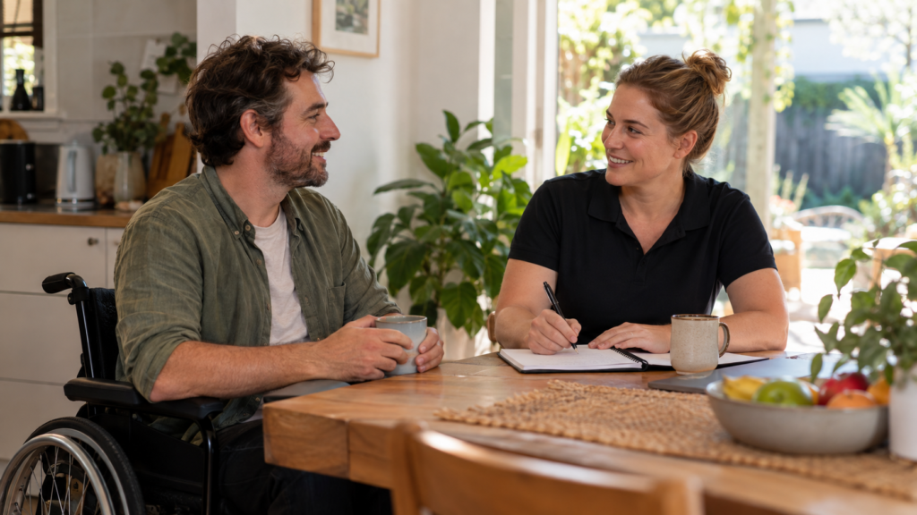 An occupational therapist and participant discussing everyday goals during a mobile appointment at home.
