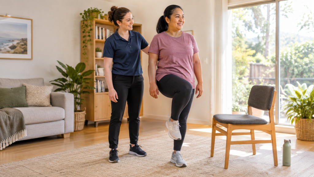 Mobile physiotherapist guiding an NDIS participant through a standing exercise in a clear, well-lit living room space.