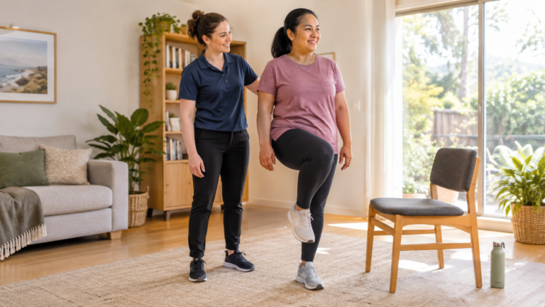 Mobile physiotherapist guiding an NDIS participant through a standing exercise in a clear, well-lit living room space.